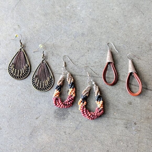 Boutique Jewelry - Set of Three Brown Tone Teardrop Dangle Earrings
